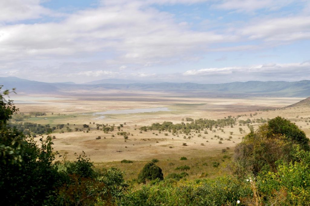 A stunning panoramic view of Ngorongoro Crater in Tanzania, showcasing its vast savannah and natural beauty.