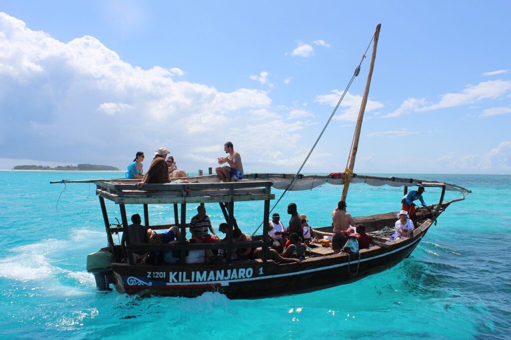 zanzibar, africa, island, paradise, blue water, water, sea, boat, nature, dhow